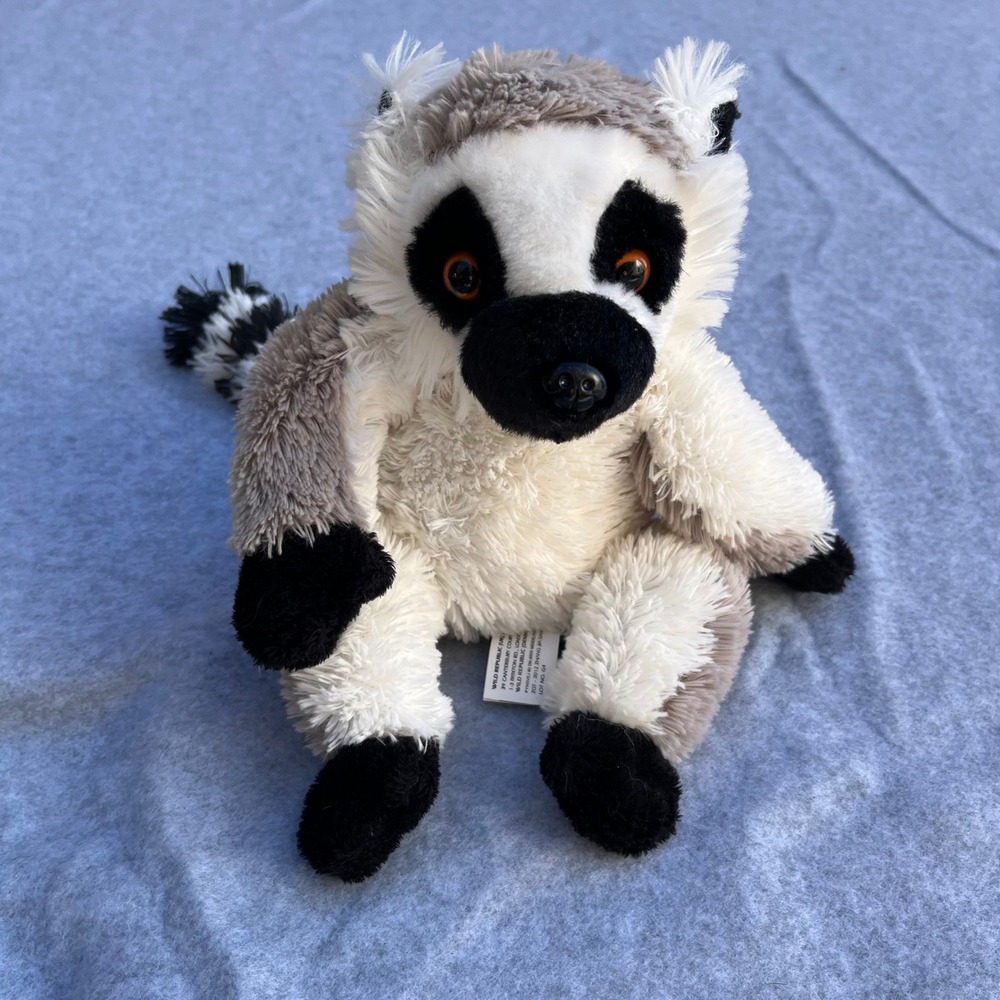 Wild Republic Ring-Tailed Lemur Plush Stuffed Animal Grey White Striped Tail 12"